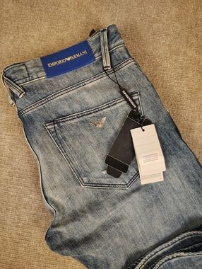 Men's Emporio Armani Slim Fit Straight Blue Denim Jeans Distressed W32 L33 ITALY